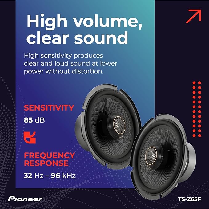 Pioneer Z-Series TS-Z65F 6.5” 2-Way Speakers (Pair) – 330W Max, Balanced Sound + Smooth Treble, Audiophile Upgrade, add an Amplifier for Optimal Performance
