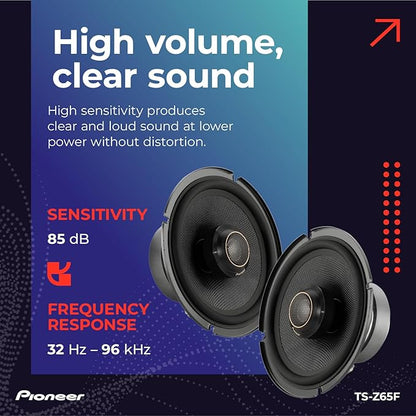 Pioneer Z-Series TS-Z65F 6.5” 2-Way Speakers (Pair) – 330W Max, Balanced Sound + Smooth Treble, Audiophile Upgrade, add an Amplifier for Optimal Performance