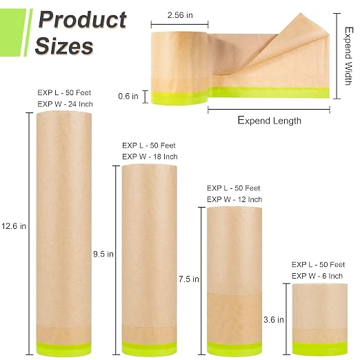 MyLifeUNIT Masking Paper, Automotive Paint Paper Roll with Tape, Assorted Sizes Tape and Drape Waterproof for Painting Protection Covering (Each Roll 50 Feet, 4 Rolls)