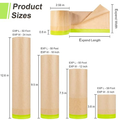 MyLifeUNIT Masking Paper, Automotive Paint Paper Roll with Tape, Assorted Sizes Tape and Drape Waterproof for Painting Protection Covering (Each Roll 50 Feet, 4 Rolls)