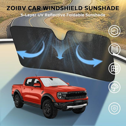 Car Windshield Sun Shade for Ford Ranger 2019-2024 Front Window Sunshade Sun Visor Protection Cover Accessories -5-Layer Bubble Foldable Thicken Blocks Heat & UV Rays Keep Car Cooler