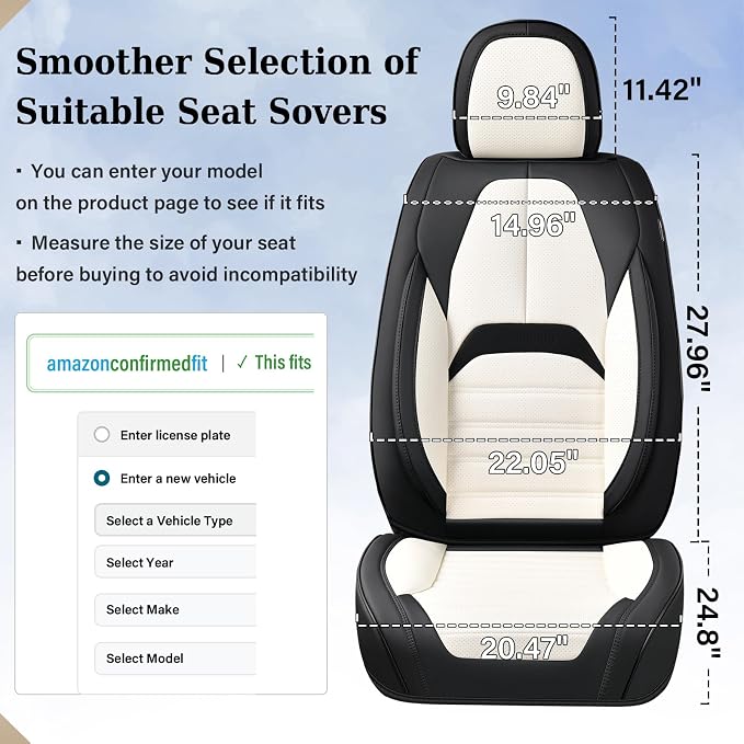 Coverado Car Seat Covers Full Set, Seat Covers for Cars, Automotive Seat Covers, Waterproof Nappa Leather Front Seats and Back Car Seat Protector, Universal Fit for Most Cars SUV Trucks,Black&White