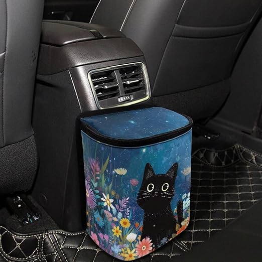 Talayituse Cat Daisy Flower Print Car Trash Can Portable Auto Garbage Bin Multifunctional Vehicle Interior Accessories with Adjustable Straps Universal Fit Truck SUV Sedan