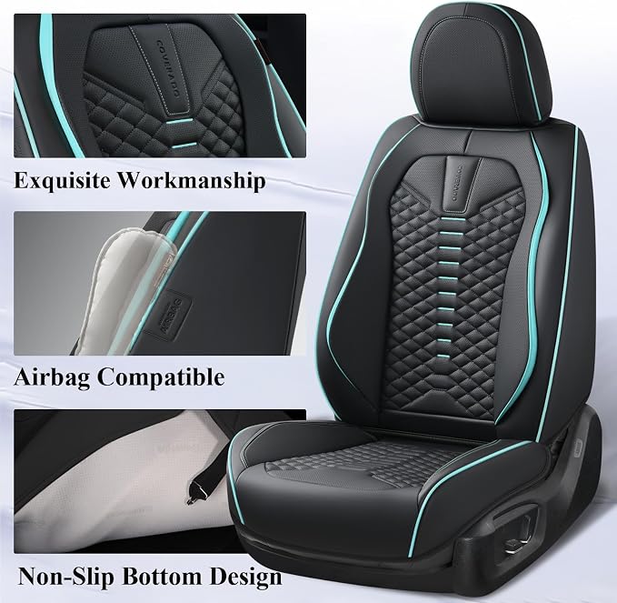 Coverado Leather Seat Covers, Car Seat Covers Full Set, Nappa Leather Seat Covers for Cars, Car Seat Protector Waterproof, Black Car Seat Cover, Universal Seat Cover Fit for Most Cars(Black&Blue)