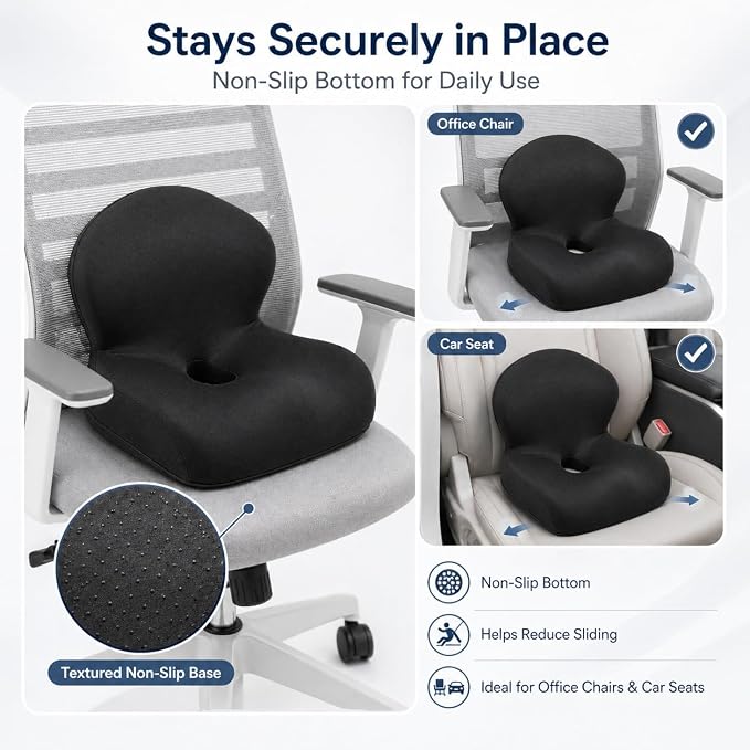 Memory Foam Office Chair Cushion with Back Support, Ergonomic Seat Cushion for Office Chair and Car Seat, Pressure Relief for Long Sitting (Black)