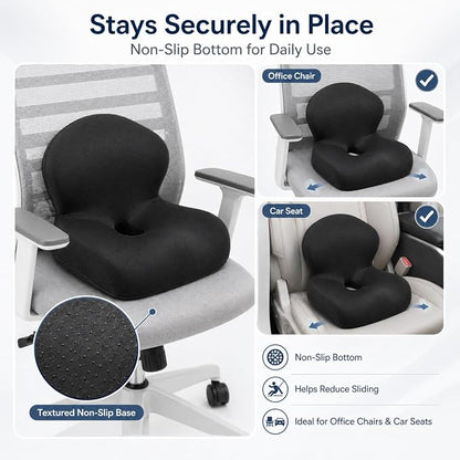 Memory Foam Office Chair Cushion with Back Support, Ergonomic Seat Cushion for Office Chair and Car Seat, Pressure Relief for Long Sitting (Black)