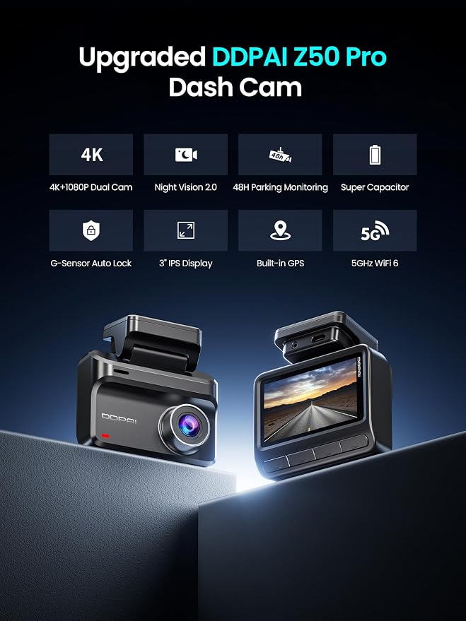 DDPAI Dash Cam Front and Rear 4K+1080P, Dash Camera for Cars with GPS, 5GHz WiFi 6, AI Night Vision 2.0, 48H Parking Mode, 64GB Card Included, ADAS, Loop Recording, Car Dash Cam, Z50 Pro