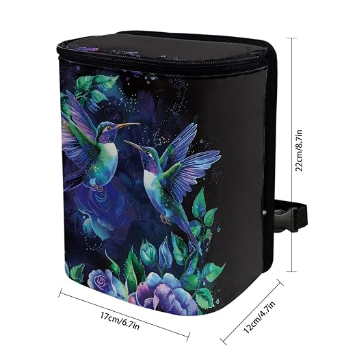 Talayituse Hummingbird Floral Print Car Trash Bin, Large Size Auto Trash Can Adjustable Portable Garbage Can with Lid, Vehicle Hanging Bag for Headrest Front Back Seat