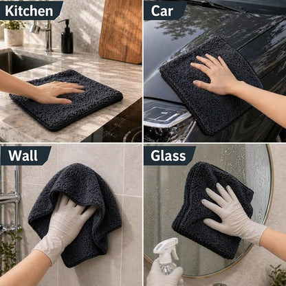 3 Pack Clay Towel Auto Detailing, Shiny Wipes Shower Cleaning Cloths, Dual-Layer 11.8 x 11.8 in Black Towel Mitt for Paint, Glass, Metal & Plastic Microfiber Towel for Bathroom, Car