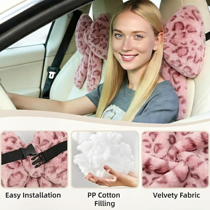 Sexysamba 2 Pcs Plush Bow Car Headrest Neck Pillow Cute Bow Pillow for Car Seat Décor Soft Neck Support for Comfortable Driving Traveling Office Fluffy Head Rest Cushion, Pink Leopard Print