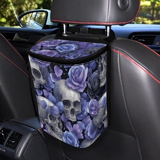 Talayituse Skull Rose Print Car Trash Can Portable Auto Garbage Bin Multifunctional Vehicle Interior Accessories with Adjustable Straps Universal Fit Truck SUV Sedan