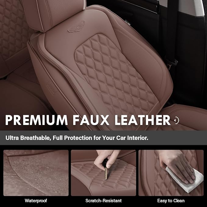 Coverado Front Seat Covers, Luxury Faux Leather Durable Anti-Scratch Cushions, Universal Fit for Cars, SUVs, Pickups, Waterproof Automotive Seat Covers, Car Accessories – Brown