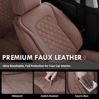 Coverado Front Seat Covers, Luxury Faux Leather Durable Anti-Scratch Cushions, Universal Fit for Cars, SUVs, Pickups, Waterproof Automotive Seat Covers, Car Accessories – Brown