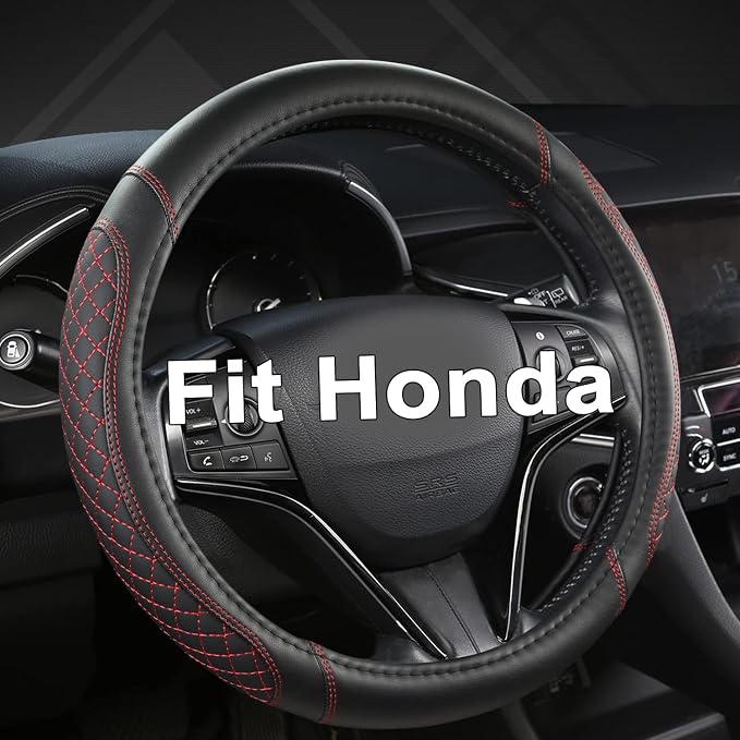 West Llama Customized Auto Car Steering Wheel Cover for Honda Accord CR-V HR-V Pilot Civic(Diamond Quilted -Black+Red-Standard Size)