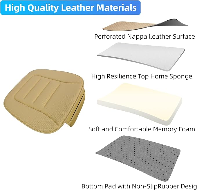 KAYI Car Seat Cushion, Comfort Memory Foam Car Cushions for Driving, Breathable Leather Surface with Anti Slip Rubber Bottom, Seat Cushion for Car and Office Chair (1 Pack, Beige)