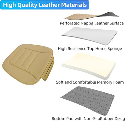 KAYI Car Seat Cushion, Comfort Memory Foam Car Cushions for Driving, Breathable Leather Surface with Anti Slip Rubber Bottom, Seat Cushion for Car and Office Chair (2 Pack, Beige)