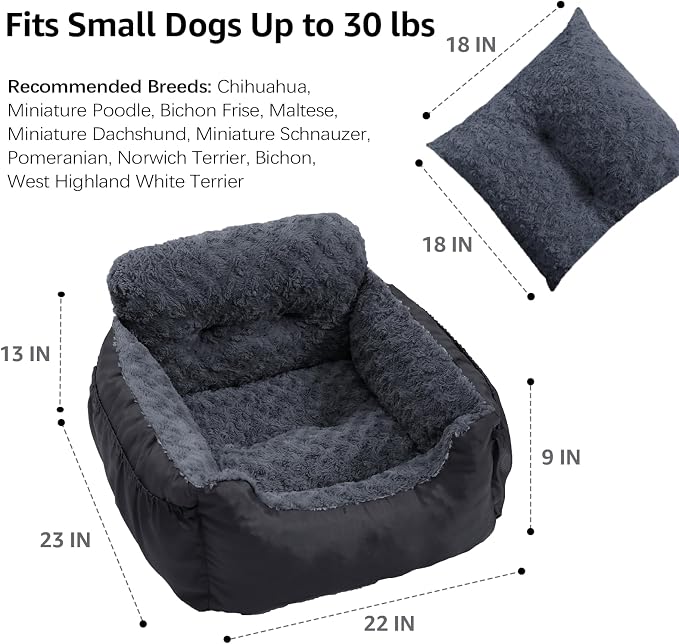 Oiilores Dog Car Seat for Small Dogs, Washable Pet Booster Seats with Clip-On Safety Leash, Comfy Deluxe Plush Carseat with Storage Pockets, Puppy Car Travel Carrier Bed for Dogs Under 25 lbs, Black