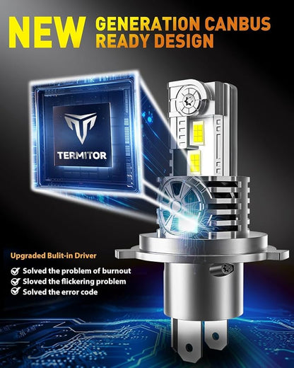 Termitor H4/9003/HB2 Light Bulb for Motorcycle, 30,000LM High Brightness, 6500K Cool White, 1:1 Halogen Size, Plug and Play Hi/Low Beam Bulb, 75K+ Hour Lifespan with Cooling Fan, Pack of 1 | 1:1 Halogen Size, 75K+ Hrs Lifespan with Cooling Fan, H4 Ligh...