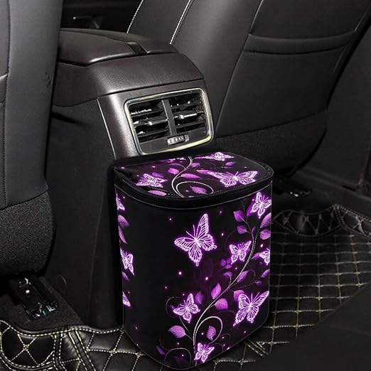 BIGCARJOB Purple Butterfly Print Car Trash Bags Hanging Automotive Car Garbage Bin with Adjustable Straps Reusable Auto Trash Bin Garbage Bags Butterfly Auto Accessories for Front Seat