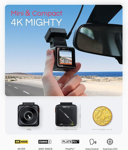 Vantrue E1 Pro 4K Mini Dash Cam Front, STARVIS 2 PlatePix HDR Night Vision Car Camera, Built-in 5G WiFi GPS, 1.54'' IPS Screen, Voice Control, 24/7 Buffered Parking Mode, Support 1TB Max