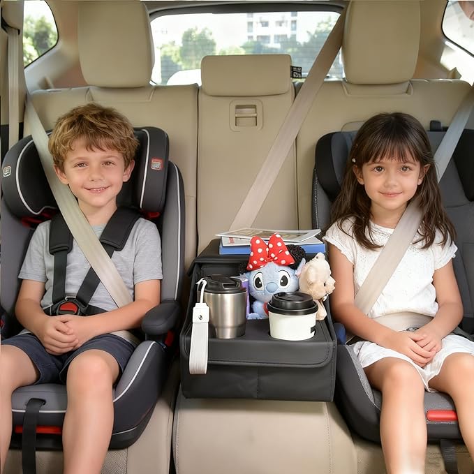 Backseat Car Organizer, Middle Seat Organizer With 4 Storage Compartments 2 Cup Holders, Back Seat Center Hand Rest Toy Storage for Toddler Kids Family Travel Roadtrip Essentials for SUV Truck Van