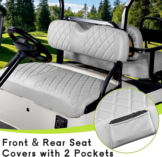 Full Set Golf Cart Seat Covers for EZGO RXV OEM, Grey | Front & Rear Set (2-Piece), Premium Vinyl Leather Replacement Standard Cushion Covers, No Tools Needed & Easy to Clean