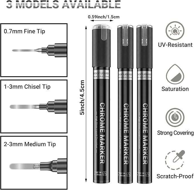 3Pcs Silver Liquid Mirror Chrome Markers, Permanent Reflective Metallic Chrome Paint Pen, High Gloss Car DIY Model Painting, Touch Up Repair Kit for Plastic Metal Glass Resins