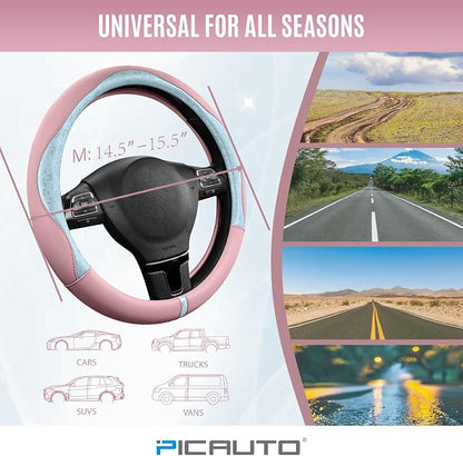 PIC AUTO Steering Wheel Cover, Light Blue Patterned & Pink Leather Patchwork Design, Universal Fit 14.5"–15.5", Anti-Slip, Odor-Free, Soft Grain Leather, Durable Grip Car Accessory for Girls & Women