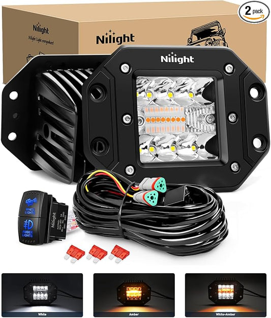 Nilight Flush Mount LED Light Pods 2PCS 42W Amber White 3 Lighting Modes Fog Lights Spot Flood Combo Beam with Dual Control 18AWG Wiring Harness for Truck Pickup Golf Cart UTV ATV SUV Boat 4x4 Car