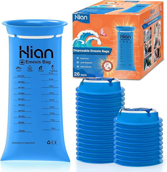 Hion Vomit Bags Disposable – 26 Pack 1000ml Emesis Bags – Leak Resistant, Medical Grade, Portable – Perfect for Motion, Car & Aircraft Sickness, Pregnant Women