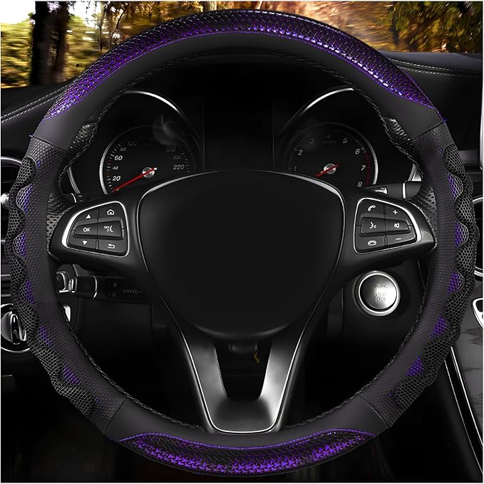 Car Steering Wheel Cover, 15 Inch Anti-Slip Steering Wheel Cover Protector with 3D Honeycomb Design, Universal Steering Wheel Covers for Truck SUV, Car Accessories (Purple, Round Shape)