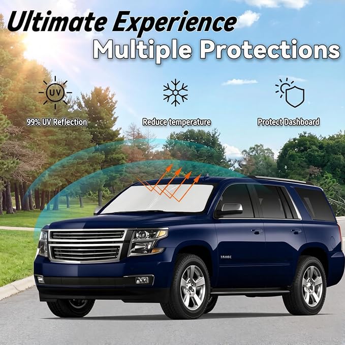 Windshield Sun Shade for Chevrolet Chevy Tahoe 2015-2020, Car Front Window Sunshade with 240T Sun Visor Protector Blocks UV Rays Heat Sun Shield Accessories