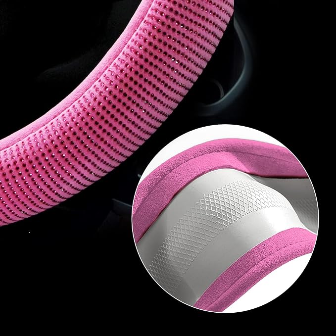 Valleycomfy Steering Wheel Cover for Women Bling Bling Crystal Diamond Sparkling Car SUV Wheel Protector Universal Fit 15 Inch (Rose,Standard Size(14" 1/2-15" 1/4))