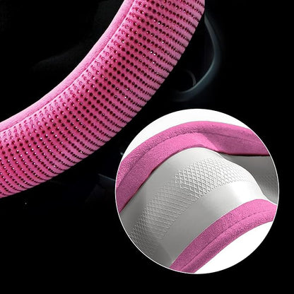 Valleycomfy Steering Wheel Cover for Women Bling Bling Crystal Diamond Sparkling Car SUV Wheel Protector Universal Fit 15 Inch (Rose,Standard Size(14" 1/2-15" 1/4))