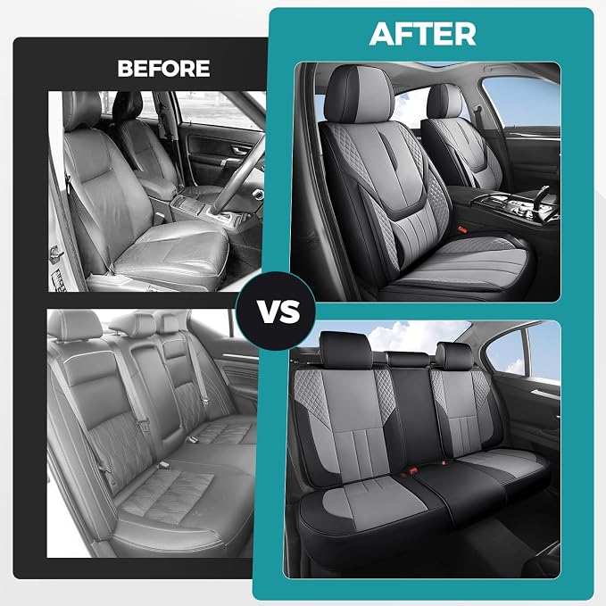 Car Seat Covers Full Set - Universal Seat Covers for Cars SUV Truck – Faux Leather Automotive Seat Covers, Breathable & Waterproof Front and Rear Seat Protectors, Fit for Most Cars-BlackGrey