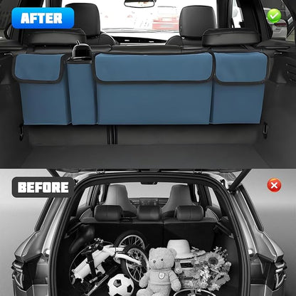 Car Trunk Organizer with Lid, Large Waterproof Vehicle Backseat Hanging Storage Bag with 4 Pockets & Adjustable Straps, Collapsible Automotive Interior Cargo Bag, Universal Fit (Blue)