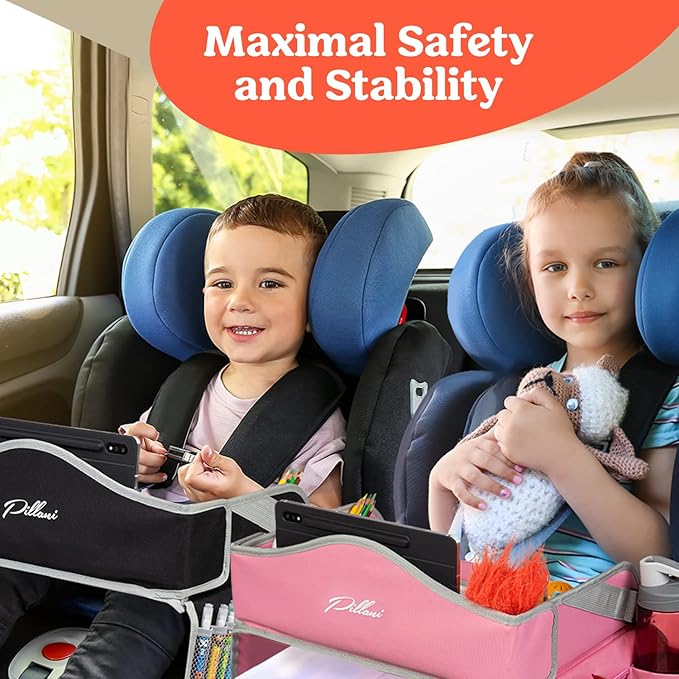 PILLANI Kids Travel Tray for Car - Car Seat Tray for Kids Travel, Road Trip Essentials, Carseat Table for Roadtrip Activities - Must Haves Toddler Lap Desk Organizer for Airplane - Car Accessories