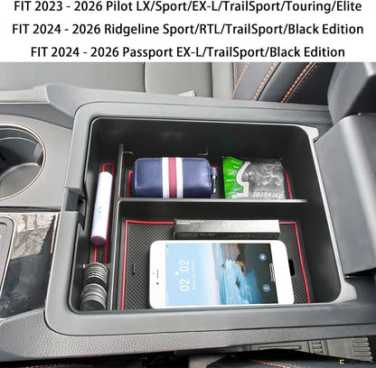 EDBETOS Center Console Organizer Compatible with 2023-2026 Honda Pilot, 2024 2025 2026 Honda Ridgeline/Passport Insert Tray Secondary Storage Armrest Box ABS Plastic Material, Red