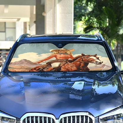 Windshield Sun Shade Cowgirl Cowboy Horse View Front Window Block UV Shades Visor Reflective Retractable for Car SUV Trucks