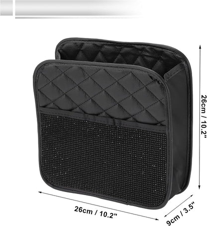 1 Pcs Universal Car Trash Can Hanging 10.2" Length 3.5" Width 10.2" Height Trash Bin Black Faux Leather Rhinestone
