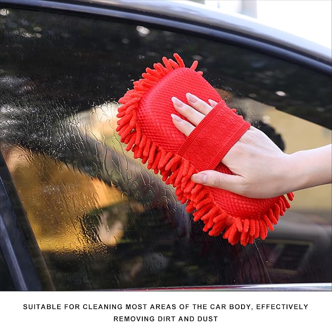 Microfiber Car Wash Sponge, Scratch-Free Vehicle Washing Mitt with Chenille & Mesh Sides, Highly Absorbent Sponge Lint-Free Cleaning Tool for Car Washing & Detailing (Red)