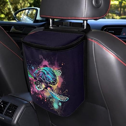 Talayituse Paint Splatter Turtle Print Car Trash Can with Lid, Leak Proof Auto Trash Bag Hanging Vehicle Garbage Can Multipurpose Storage Container for Back Seat Road Trip