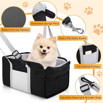 Portable Dog Car Seat for Small Dogs - Pet Booster Seat with Safety Leash, Adjustable Straps, Washable Cushion & Storage Pocket - Center Console Puppy Car Seat for Travel - Black