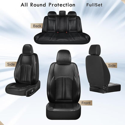Coverado Leather Car Seat Covers Full Set & Carbon Fiber, Waterproof and Durable All Weather Protector, Universal Fit for SUV, Pickup Truck, Sedan, Automotive Vehicle Interior, Black