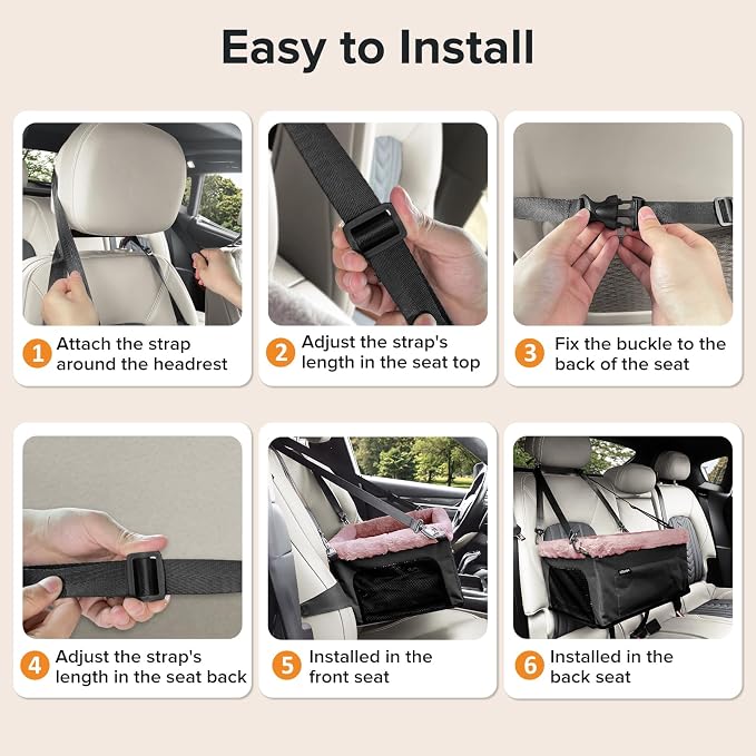 JOEJOY Deluxe Dog Booster Seat with Sturdy Metal Frame and Safety Leash for Small Pets up to 20 lbs - Portable Puppy Dog Car Seat with Thick Cushion and Storage Pockets for Small Dogs, Pink