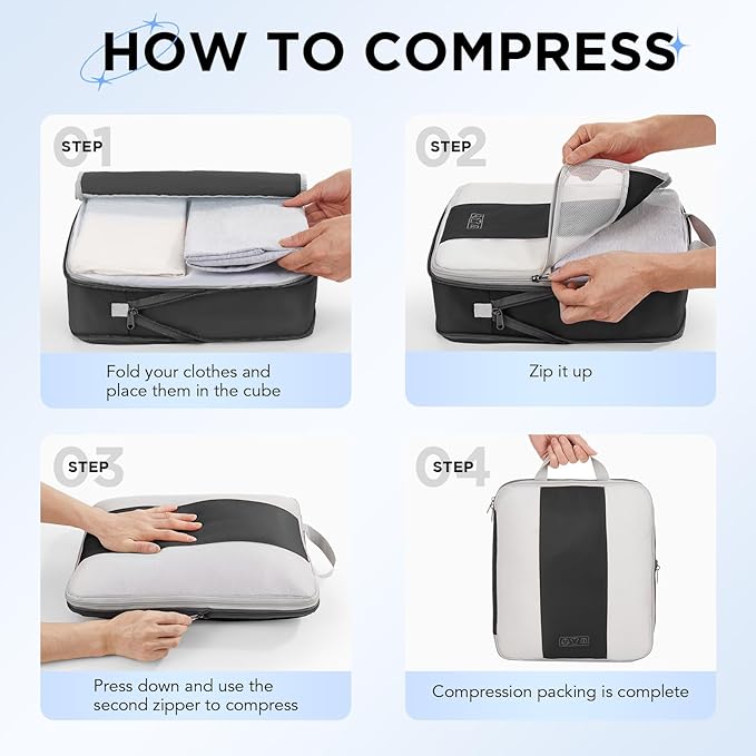 OlarHike 8 Set Compression Packing Cubes for Travel Essentials,Compressible Expandable Space Saver Bags for Organizing Clothes,Luggage Suitcase Garment Bags with Over 1000 pcs Mesh Holes(Black)