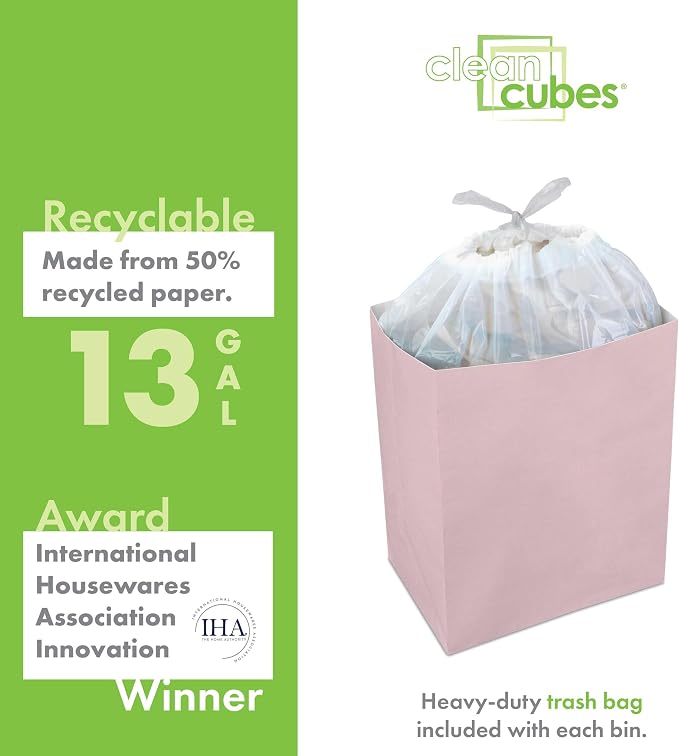 Clean Cubes 13 Gallon Disposable Pop-Up Trash Cans (6-Pack) with Fitted Bags – Foldable Garbage & Recycling Bins for Parties, Events & Kitchen (Pink, 17" H x 13.5" W x 10" D)