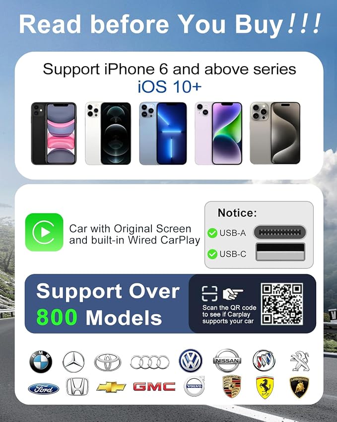 𝟐𝟎𝟐𝟓 𝐔𝐩𝐠𝐫𝐚𝐝𝐞𝐝 Wireless CarPlay Adapter for Apple iPhone iOS 10+,USB/USB C Mini Design for Convert Wired to Wireless Car Play Adapter,Plug and Play Stable No Latency from iPhone to Screen