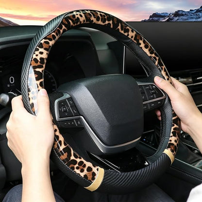 KAFEEK Light Brown Leopard Steering Wheel Cover, 15 inch Carbon Fiber Texture, Coffee Cheetah Pattern, Non-Slip Microfiber Leather, Universal Fit for SUV Sedan