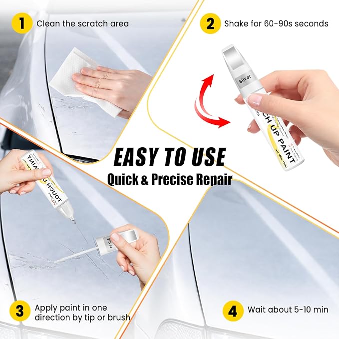 Silver Touch Up Paint for Cars, 2-in-1 Brush & Tip, 0.4 fl oz - Universal Car Scratch Repair Pen for Scratches & Scuffs, OEM Color Match, Quick-Dry & Long-Lasting